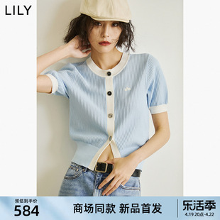 甄选LILY2024夏女装复古小香风泡泡袖显瘦针织开衫女