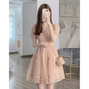 法式小个子连衣裙女夏季级感独特设计感小众甜美粉色蓬蓬仙女裙