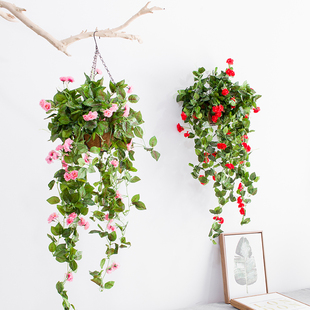 壁挂仿真植物假花玫瑰花吊兰盆栽客厅阳台墙壁吊顶塑料花藤挂壁花