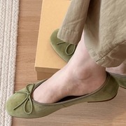 绿色丝绒蝴蝶结芭蕾舞单鞋女2024春夏，气质圆头平底奶奶鞋瓢鞋