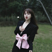 法式超大粉色蝴蝶结绑带露背西服连衣裙女性感黑色西装外套晚礼服