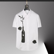 欧美轻奢男装植物花瓶，昆虫印花短袖衬衫，高端时尚全棉修身半袖衬衣