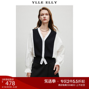 YLLE ELLY黑白撞色开衫2024春季短款雪纺拼接全羊毛针织衫女