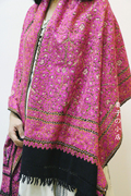 印度围巾手工绣花满绣披肩克什米尔羊毛玫红色雏菊民族风长方形