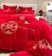 新中式婚庆牛奶绒四件套大红色，结婚喜被罩，花边床单珊瑚绒冬季床品