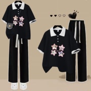 休闲运动服套装女夏季2024韩版纯棉短袖polo衫少女学生两件套