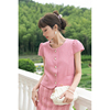 miorastudio法式复古粉色贝壳短袖，上衣单排扣圆领气质仙女衬衫