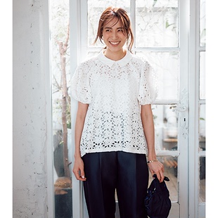 包税海外直邮2024年夏季日本女装拼布翻领刺绣蕾丝女衬衫