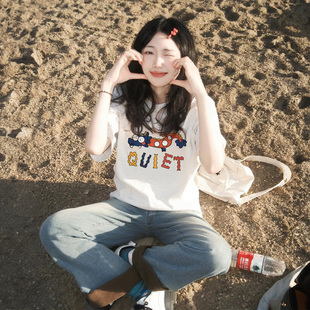 韩系白色纯棉短袖女2024夏季重磅半袖，小众独特t恤女上衣