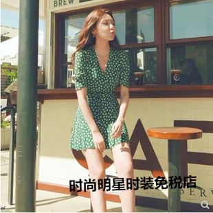 香港潮崔秀英同款绿色碎花连衣裙法式桔梗，复古v领雪纺超仙短裙子