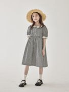 女童夏季森系黑白格泡泡袖，连衣裙儿童文艺拼接花边领复古长裙