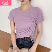 夏季圆领修身显瘦短款露肚脐，抽绳短袖t恤紫色韩版百搭上衣女