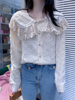 22年韩国东大门秋季重工钉珠娃娃领蕾丝衫单排扣宽松显瘦衬衣