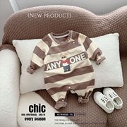 0-2岁潮款设计师品牌婴幼儿衣服 色织条纹咖色ANYONE小熊哈衣爬服