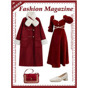 大码秋装女套装裙胖mm韩系温柔穿搭红色，大衣外套搭配连衣裙两件套