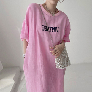 韩国chic夏季休闲小众圆领做旧字母，印花设计宽松长款t恤连衣裙女