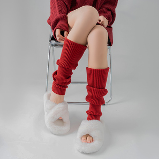 许甜茶新年红袜子女长筒针织袜套，秋冬保暖腿套雪地靴小腿堆叠长袜
