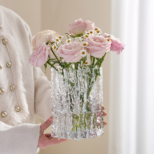 简约现代ins风高级感冰川花瓶，玻璃透明水养，插花鲜花客厅餐桌装饰