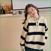 韩系小众条纹polo领中大童女童毛衣，宽松打底单穿针织上衣儿童