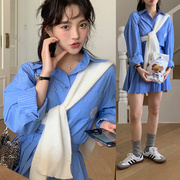 Z6233显白蓝色减龄少女开学季刺绣衬衫两件套百褶A字高腰短裙套装