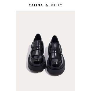 CALINA&KTLLY黑色厚底乐福鞋女2022年小皮鞋女冬季加绒单鞋