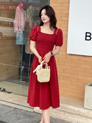 法式泡泡短袖连衣裙女mishe2024年夏季方领气质红色收腰裙子
