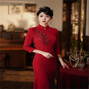 中式旗袍礼服新娘红色敬酒服长袖，高级感绣花改良鱼尾裙高档连衣裙