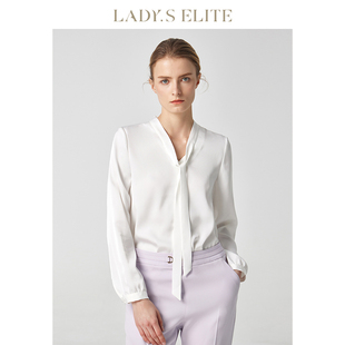 LadyS Elite白色西装衬衫女2023春夏V领飘带高级通勤职业正装上衣