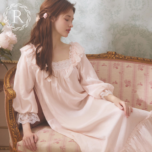 rosetree宫廷风睡裙，女春秋季长袖长款纯棉，蕾丝碎花少女公主风睡衣