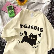 童装卡通黑色猫咪印花短袖，男女童夏季宽松洋气，韩版ins短袖t恤