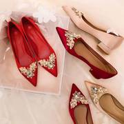 婚鞋新娘鞋粗跟女秀禾结婚鞋子3CM孕妇婚礼鞋2021红色平跟鞋