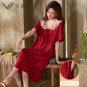 大红睡裙女夏季薄款莫代尔短袖半袖长裙睡衣凉感家居服大码公主裙
