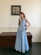 甜美减龄套装裙女立体蝴蝶结宽松背心夏季高腰A字长裙子两件套女