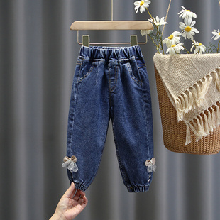 女童休闲牛仔裤春装，2024韩版儿童收脚哈伦裤子，宝宝洋气长裤