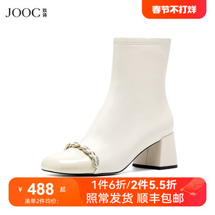JOOC玖诗女鞋冬季女鞋小香风圆头短靴法式优雅粗跟弹力靴7050