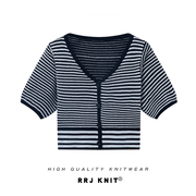 RRJ/KNIT时尚英伦风冰丝针织开衫拼色条纹V领泡泡袖短款上衣T恤潮