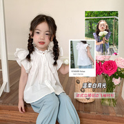 艾摩贝贝儿童洋气气质小立领短袖女童韩版法式荷叶花边小飞袖衬衫