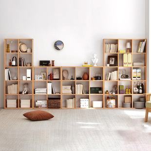 书架落地置物架实木色，客厅展示架整面墙，组合方格子收纳架家用书柜
