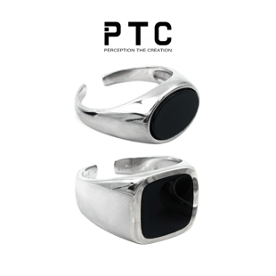 PTC小众简约冷淡风方面设计黑玛瑙925纯银开口戒指可调节男女情侣