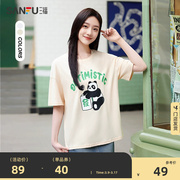 三福短袖2024夏季熊猫，图案t恤圆领，纯棉宽松洋气减龄上衣女装