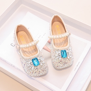 女童水晶鞋2024春秋款小公主银色平底软舞蹈单鞋儿童鞋子女孩皮鞋