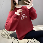 半高领红色卫衣女加绒加厚秋冬季2023韩版时尚洋气假两件上衣