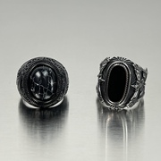 欧美雕花黑宝石玛瑙戒指，男潮牌霸气朋克风，钛钢指环男士食指戒复古