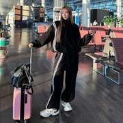 韩国女装LAG2023冬季宽松长袖拉链卫衣+休闲长裤条纹休闲套装
