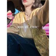 法国Rouje Chic黄色拼接假两件撞色v领毛衣女春设计感小众针织衫