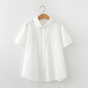 夏季小清新文艺纯棉立领，花边短袖衬衫，女学生白色刺绣薄款衬衣