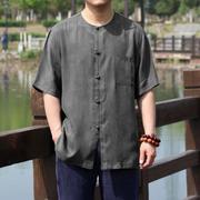 夏季真丝唐装男中老年大码铜氨丝短袖衬衫中国风中式宽松半袖上衣