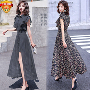 雪纺连衣裙女夏季韩版中长款显瘦飞飞袖波点荷叶边短袖两件套裙子