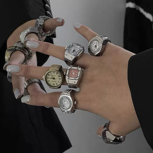 简约时尚朋克手表戒指，百搭小众情侣手指，表迷你时钟可爱创意电子表