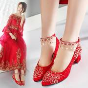 婚鞋女2023红色平底新娘鞋粗跟中式秀禾结婚鞋子孕妇敬酒红鞋